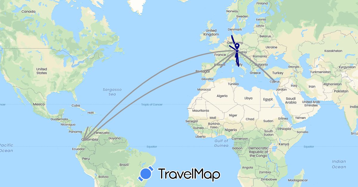 TravelMap itinerary: driving, plane in Colombia, Cyprus, Germany, Spain, Italy (Asia, Europe, South America)